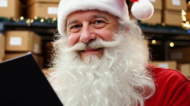 Santa Claus sits in the warehouse of his factory and keeps a record of gifts. Warehouse of gifts of Santa Claus. Accounting and distribution Christmas gifts for all children on the planet.