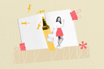 Sketch design trend artwork poster 3D photo collage of young schoolgirl stand open book marker draw...