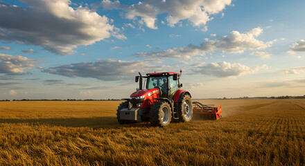 Obraz premium Red tractor with agricultural equipment working in a field at sunset. Modern farming machinery for harvest.