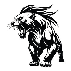 A fierce roaring lion with a stylized mane and sharp fangs depicted in a powerful black and white vector illustration.