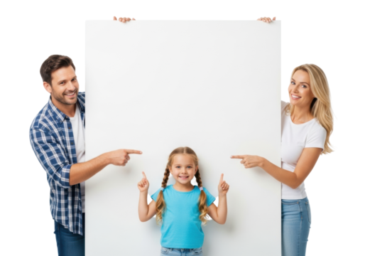 Caucasian family (father in plaid shirt, mother in white top, daughter in blue t-shirt) peeking behind a blank white sign, pointing at its center in a bright studio, concept for communication - Powered by Adobe