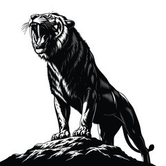 A powerful black and white illustration of a majestic tiger roaring fiercely on a rocky outcrop.