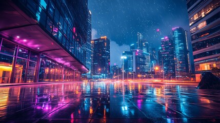 Obraz premium Neon-lit city street at night, rain reflections