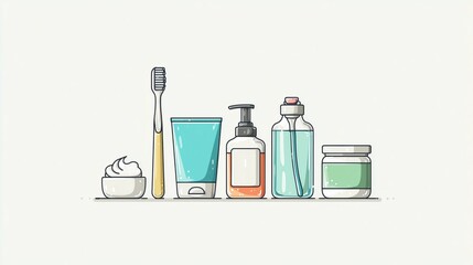 National Dental Hygiene Month. Minimalist infographic-style illustration of toothbrush, toothpaste, floss, and mouthwash arranged symmetrically, clean white background
