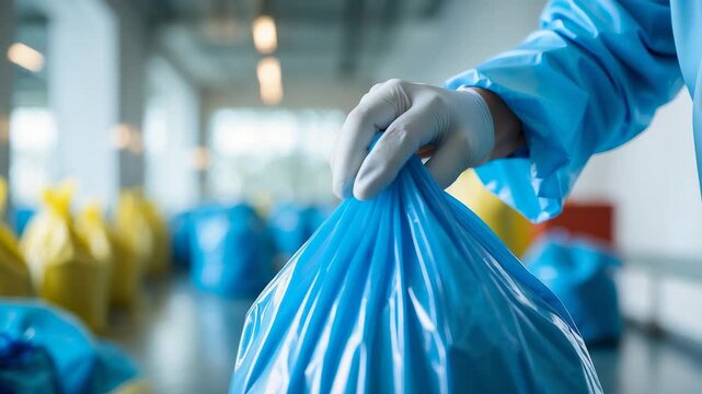 Healthcare worker hand in protective glove holding sealed blue plastic waste bag in hospital facility with other yellow bags in soft focus
