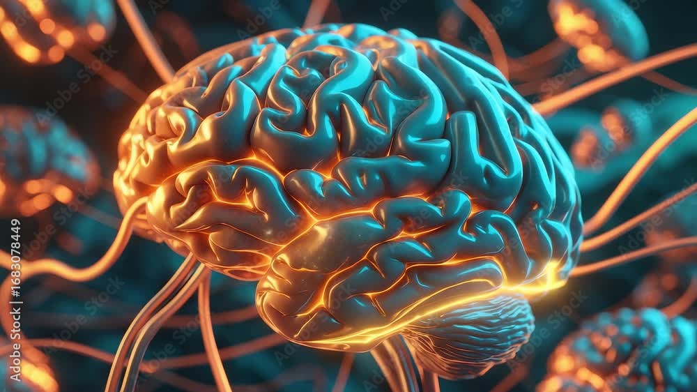 Poster glowing human brain with neural connections and illuminated pathways in abstract scientific visualiz