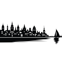 Fototapeta premium Black silhouette of a historic city skyline with a sailboat on the water.