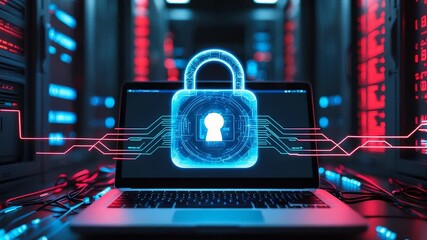 Laptop computer with glowing digital padlock hologram in data center server room, concept of cybersecurity, encryption, and network protection - Powered by Adobe