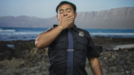 Policeman gestures with raised hand and visible badge on street by rocky coast under sunlight in...