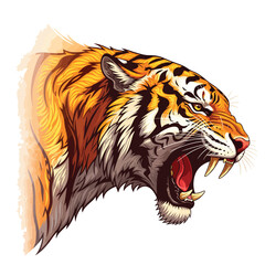 Fierce roaring tiger head with bared fangs in a powerful stylized graphic illustration.
