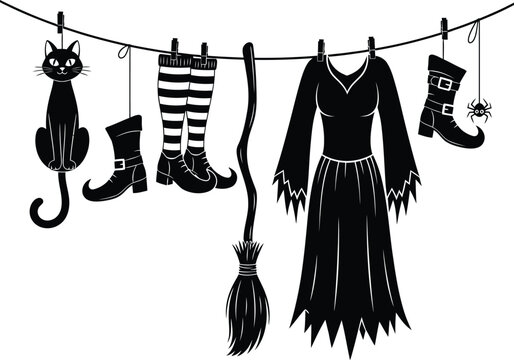 Whimsical halloween clothesline featuring black cat witch hat boots and broomstick for spooky fun