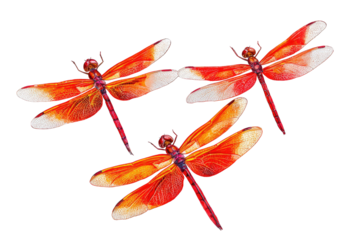 Three vibrant red-orange dragonflies in flight, wings patterned with white highlights, against a black background