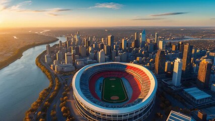 Aerial panoramic view of modern city skyline at golden sunset with large circular sports stadium and winding river in urban landscape - Powered by Adobe