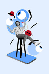 Image 3d poster banner photo collage of happy girl sit chair phone cartoon eyeball freemason esoteric concept antivirus app