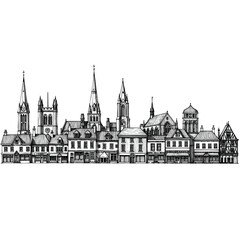 Handdrawn black and white sketch of a historic European city skyline with church spires.