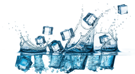 Crystal-clear ice cubes aggressively splashing into pure blue water, creating dynamic frozen splashes and droplets against a transparent background, concept for beverage advertising.