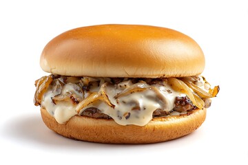 	Halal mushroom Swiss burger with caramelized onions, creamy sauce, and cheese, plain white background, detailed 