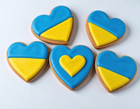 Sweet heart shaped cookies feature delightful bright blue and sunny yellow frosting, creating a vibrant and charming dessert display.