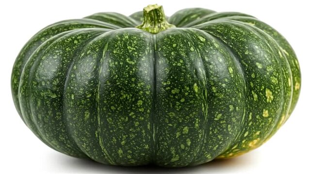 A round green pumpkin with subtle lighter green speckles and a green stem set against a plain white background