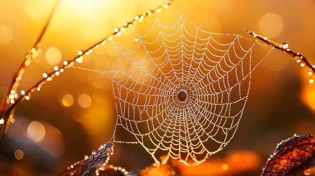 Morning dew glistens on a delicate spider web stretched between blades of wild grass, captured in a golden meadow at sunrise with bokeh lights