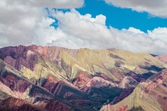 Quebrada de Humahuaca Cerro Horconal colorful mountains landscape desert terrain, geological formations scenic valley arid environment rock structures in north Argentina. Serrania de Hornocal mountain