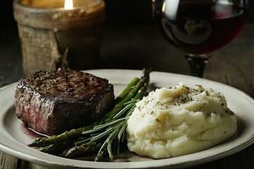 A rich and satisfying meal of grilled steak, creamy mashed potatoes, and fresh asparagus, presented on a plate with a glass of red wine in the background.