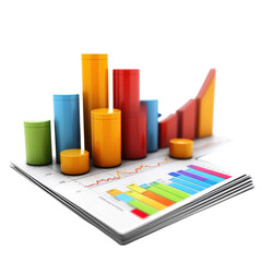 Colorful 3d bar graph and line chart illustration showing business growth and financial data analysis on printed reports for presentations and marketing on transparent background