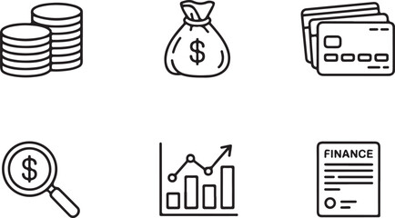 Naklejka premium Financial Icons: Coins, Money Bag, Credit Cards, Magnifying Glass, Graph, Finance Document