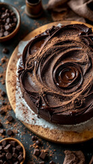 Top down, close up of a homemade chocolate cake