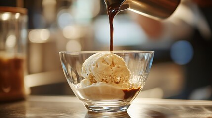 Aromatic espresso poured over a scoop of creamy vanilla ice cream in a glass bowl, highlighting a culinary artistry.