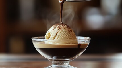 A warm, steaming shot of espresso is poured over a scoop of vanilla ice cream, creating a rich and decadent dessert.