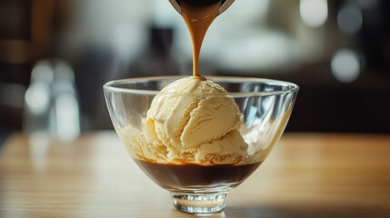 A scoop of vanilla ice cream is artfully topped with a rich, dark espresso, creating a delightful visual treat.