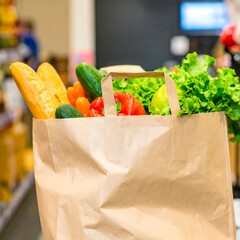 Grocery bag filled with fresh produce and bread in a store