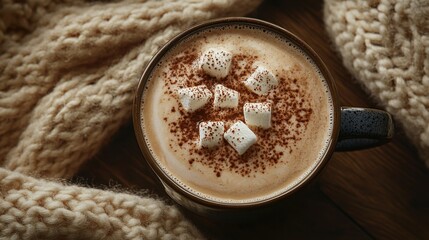 A comforting mug of hot chocolate, topped with fluffy marshmallows and cocoa powder, sits nestled beside a warm knit scarf, creating a cozy autumnal scene.