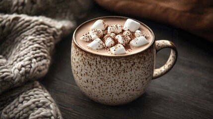 A warm, comforting mug of hot chocolate, topped with fluffy marshmallows and cocoa, sits on a dark wooden surface, next to a cozy knitted blanket, evoking a sense of autumnal coziness.