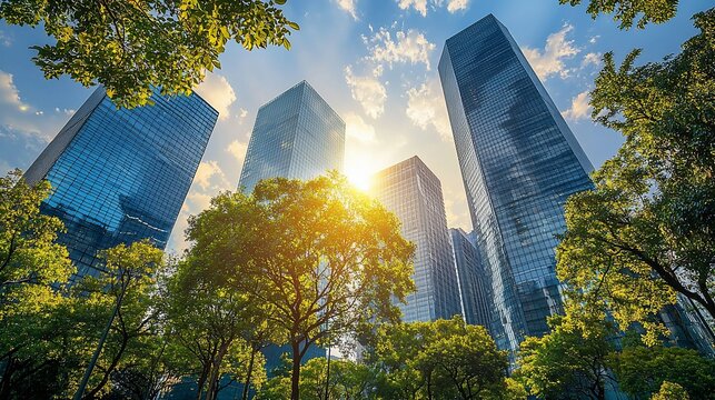Sunlit skyscrapers amidst lush green trees - Powered by Adobe