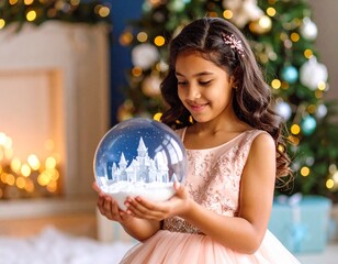 Fototapeta premium Dreamy Christmas scene with girl in festive dress holding glass ornament with icy kingdom.