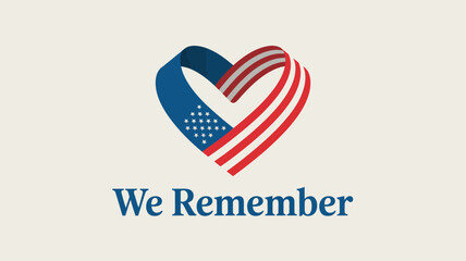 A patriotic heart ribbon with american flag design and the words we remember on a light background