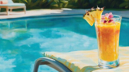 A vibrant, tropical smoothie with pineapple slices and a delicate flower garnish sits beside a tranquil swimming pool, bathed in sunlight.