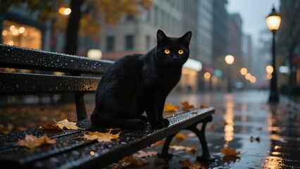 Obraz premium A black cat with striking yellow eyes sits on a wet park bench surrounded by autumn leaves under city lights.