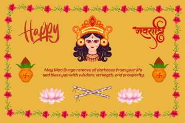 Happy Navratri Wishing Poster with Goddess Durga Illustration, Kalash, Lotus and Dandiya Sticks – Festive Greeting Card Design