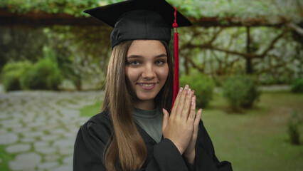 Girl in graduation gown claps hands beside stone path and leafy trees in green park; pride...