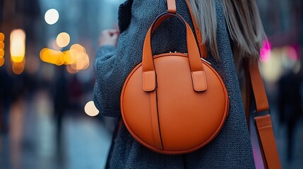 Stylish orange circle handbag worn crossbody
