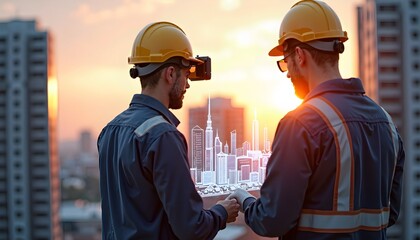 Construction professionals leveraging cutting-edge technology and immersive virtual reality for innovative solutions in modern urban development planning