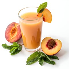 close-up of a glass of peach juice with a peach slice