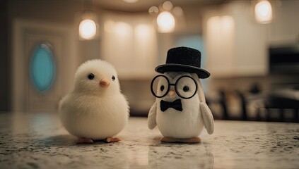 Two plush toys, a chick and a penguin, sit side-by-side on a light granite countertop.  Soft lighting bathes the scene