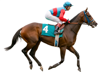  horse racer  with jockey wearing blue helmet isolated on a transparent background.PNG