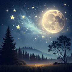 Glowing moon starry night sky over misty forest landscape stars galaxy