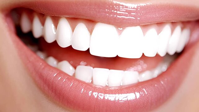 Close up montage of a woman's smile with perfect white teeth, showcasing different expressions and highlighting dental aesthetics and oral health