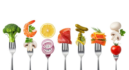 Shiny silver forks in a precise row, each piercing a diverse food item (broccoli, shrimp, lemon, prosciutto, salmon) on a transparent background. Concept of culinary perfection and fresh